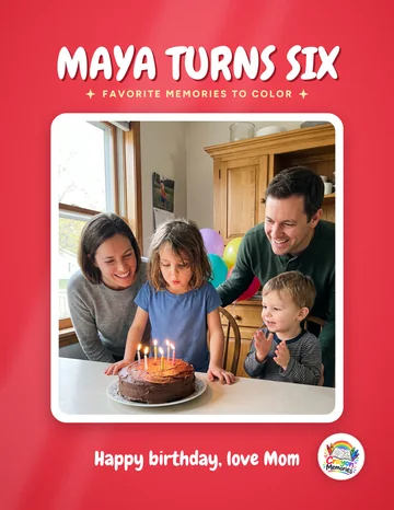 A red cover titled Maya Turns Six, with a photo of a girl blowing out her birthday candles