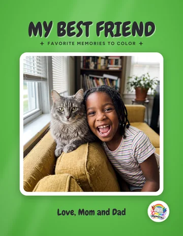 A green cover titled My Best Friend, with a photo of a girl hugging her cat