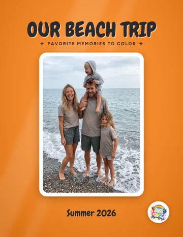 An orange cover titled Our Beach Trip, with a photo of a family at the beach