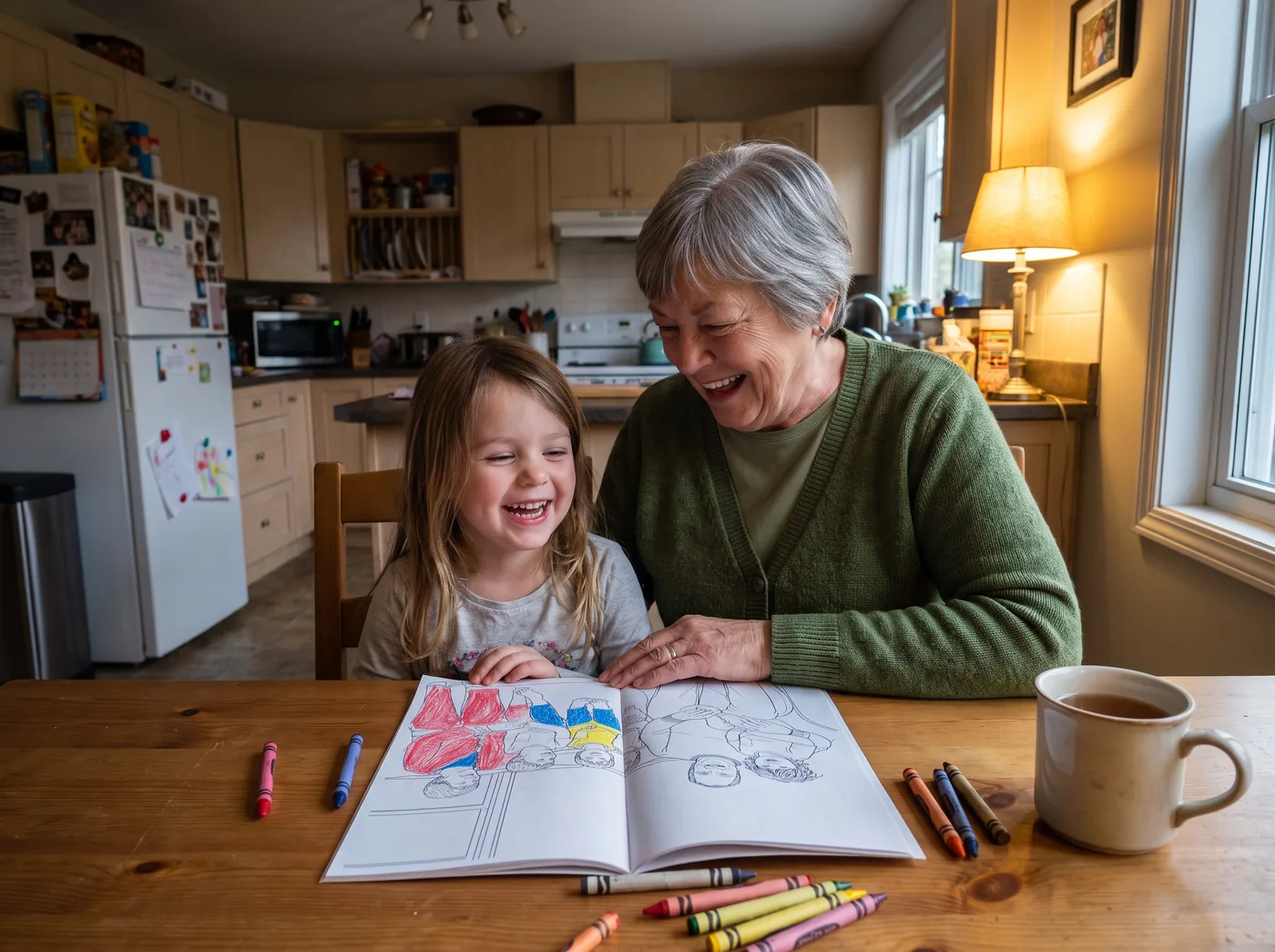A grandmother and her granddaughter laughing over an open coloring book at the kitchen table, crayons all around