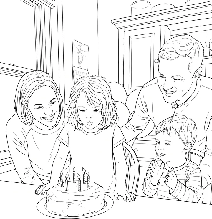 A coloring page of a birthday party