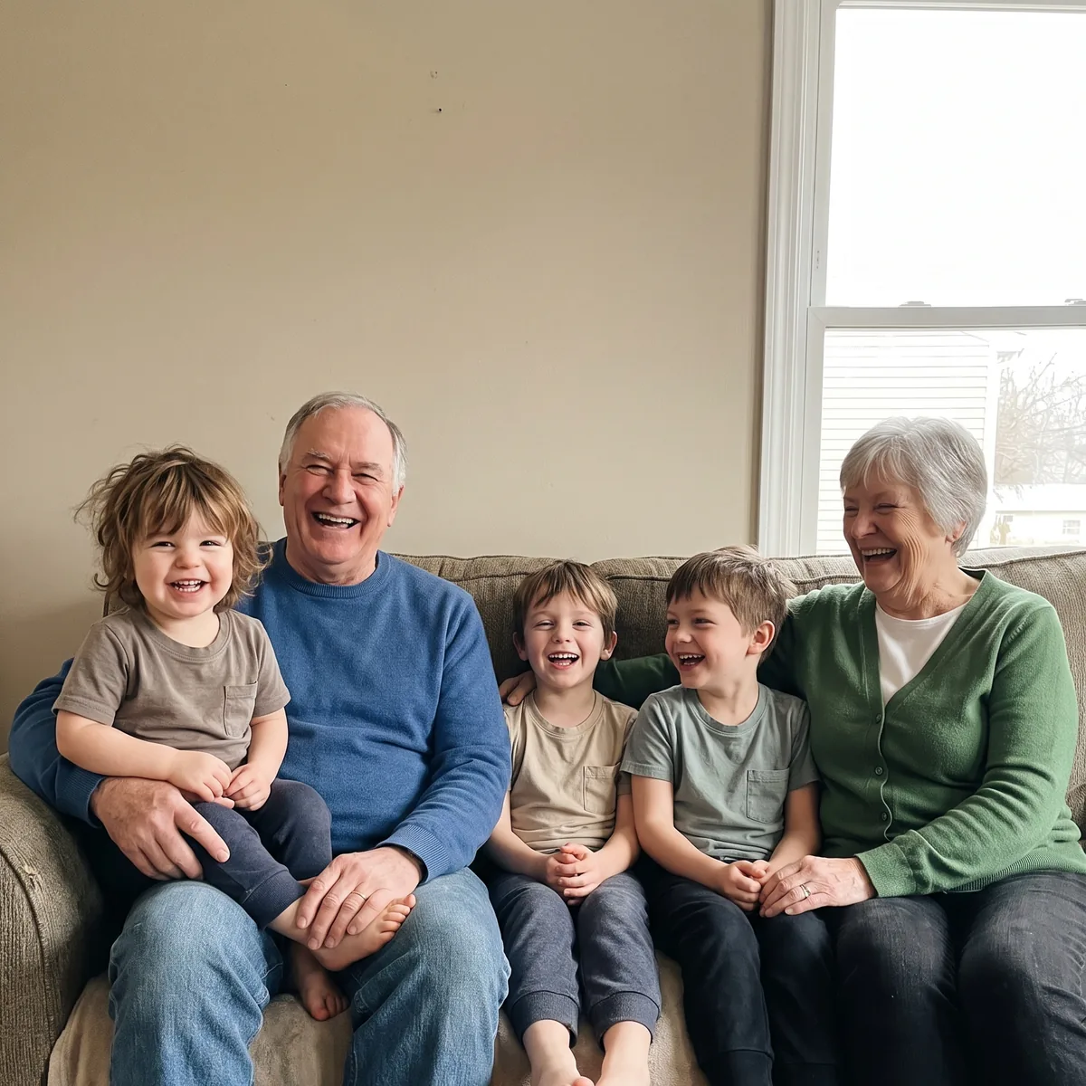 An example photo of grandparents on a sofa with their grandchildren