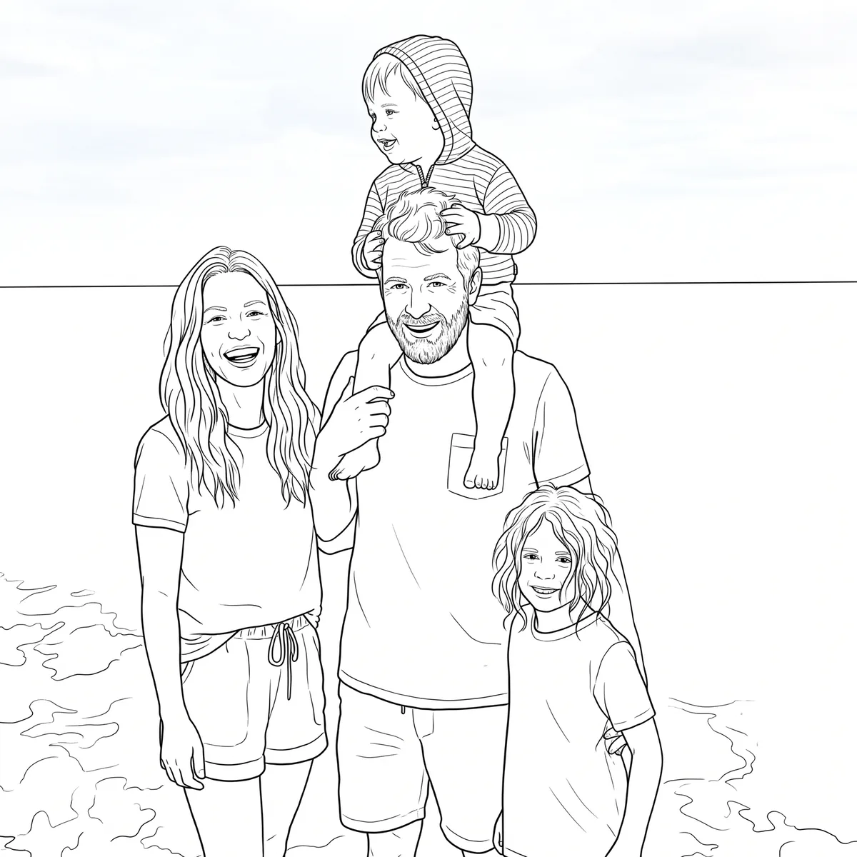 The same photo drawn as a coloring page